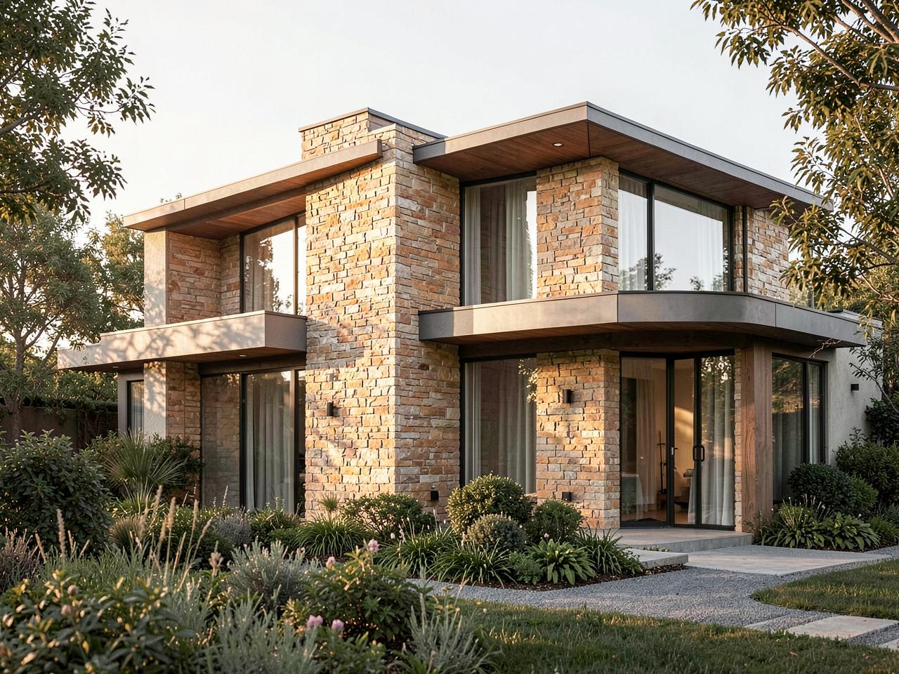 Sunlit contemporary home surrounded by greenery